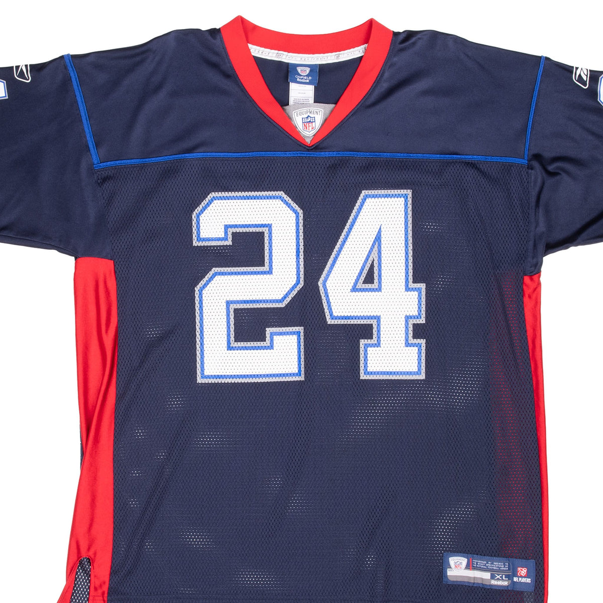 Front detail of navy Buffalo Bills McGee #24 Reebok jersey with red V-neck and side panels