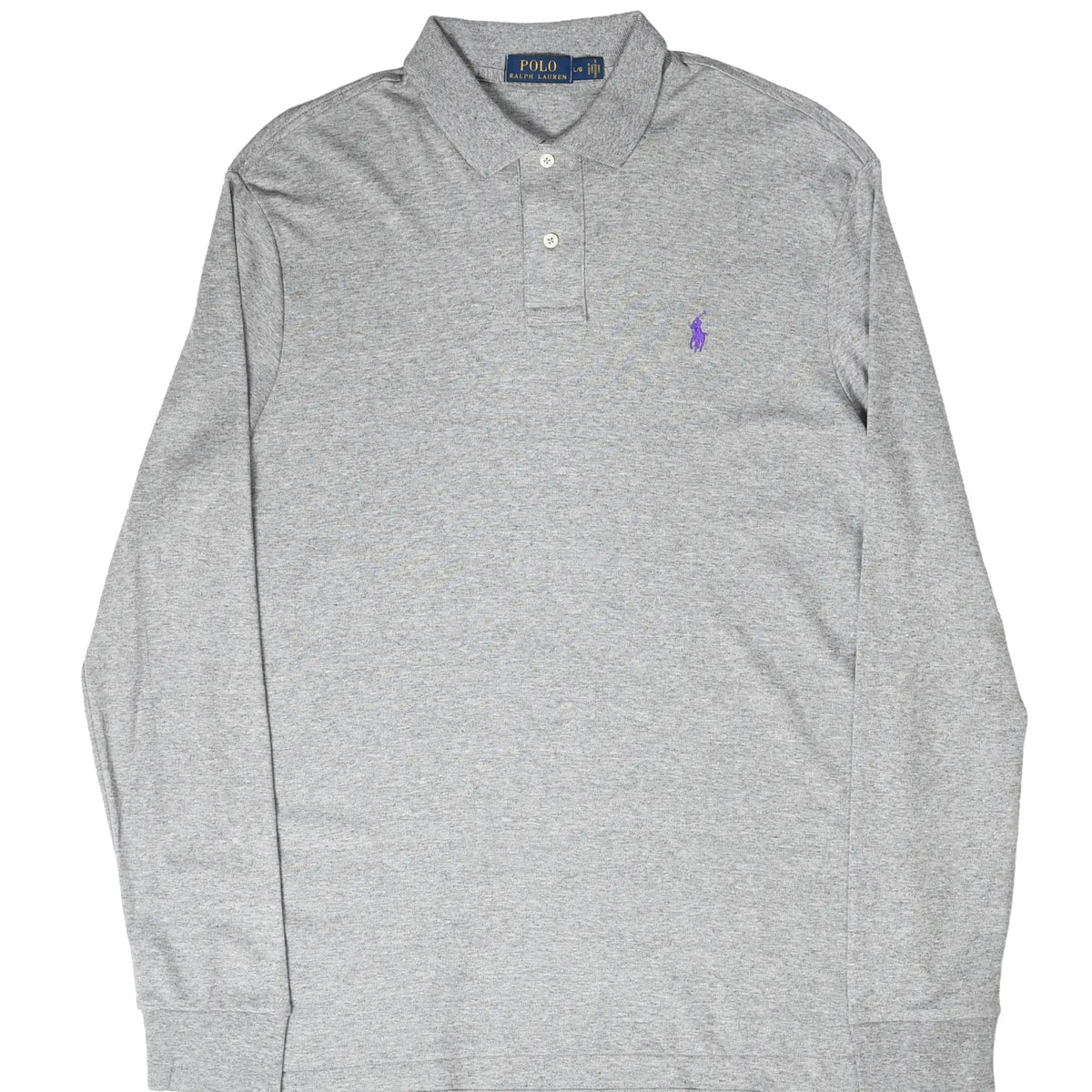 Front of grey Polo Ralph Lauren long-sleeve polo shirt with purple embroidered pony
