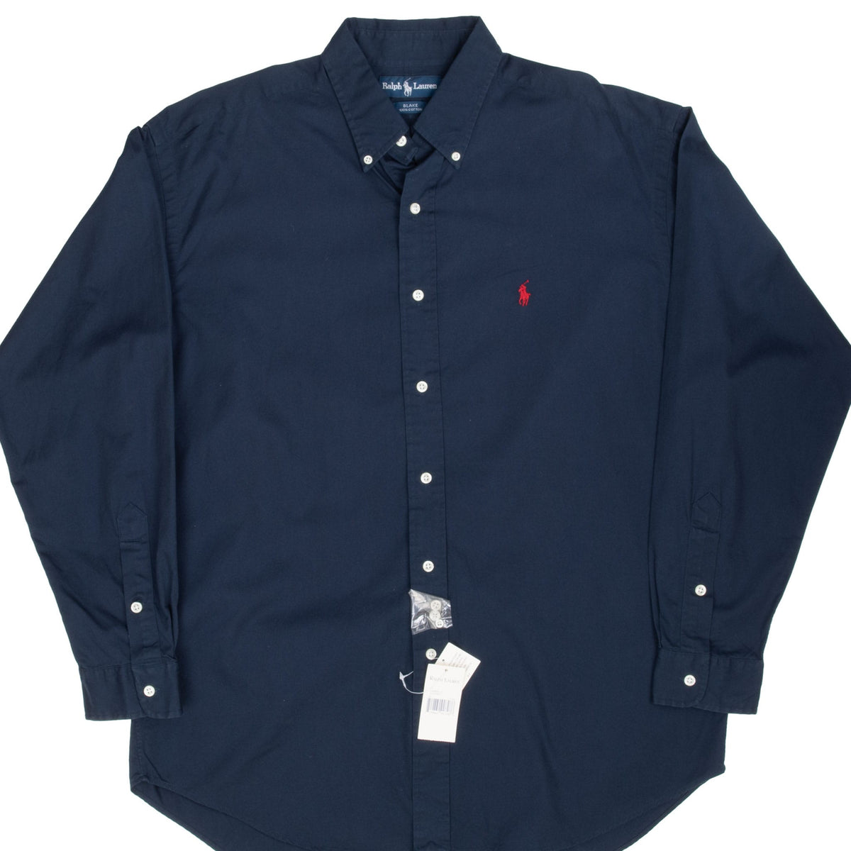 Front of navy Ralph Lauren Blake long-sleeve shirt with red Polo pony embroidery and tags