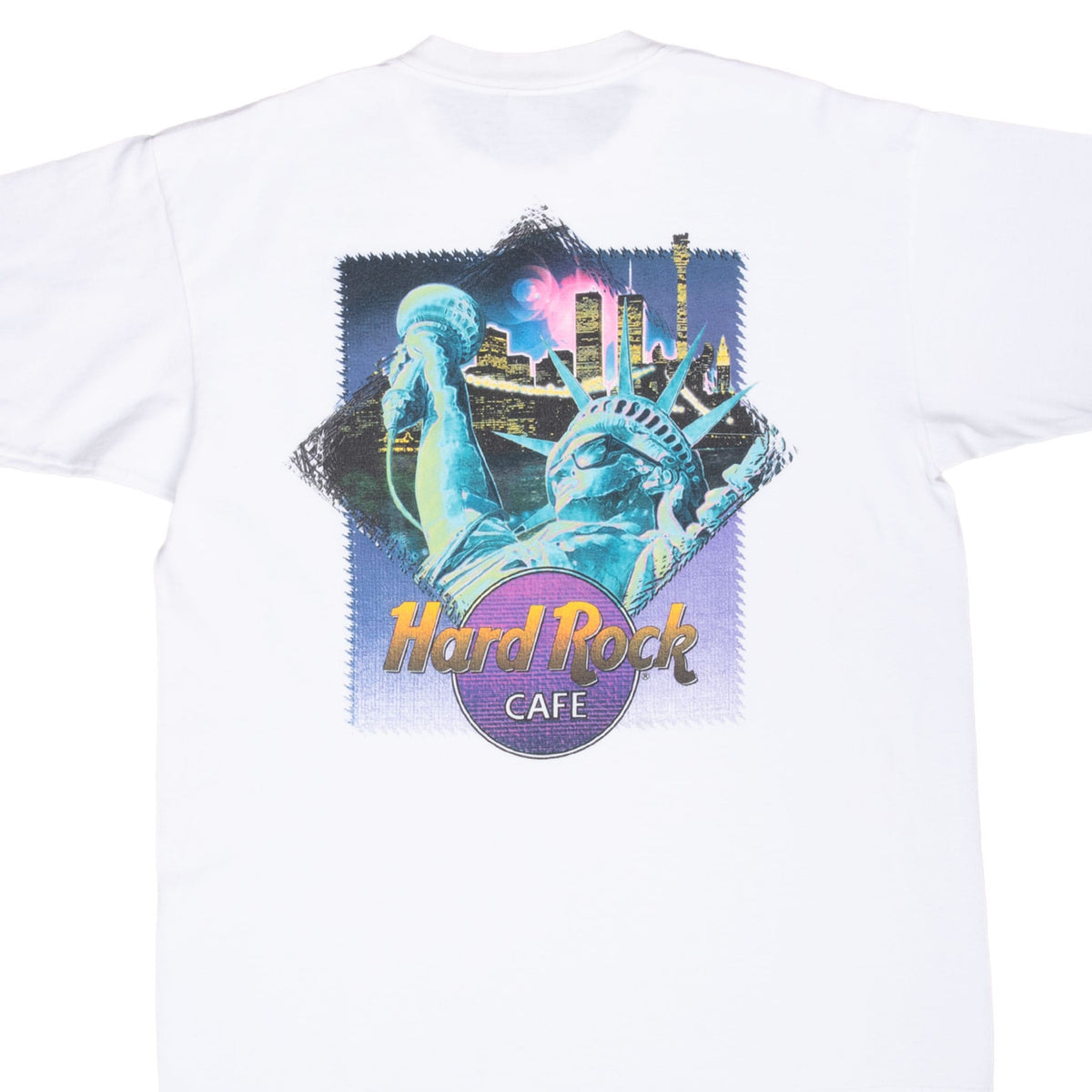 Back detail of white Hard Rock Cafe T-shirt with Statue of Liberty and New York skyline graphic