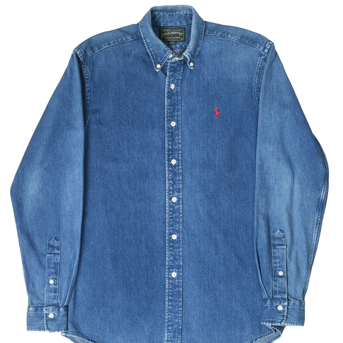 Front of blue Polo Country Ralph Lauren denim button-down shirt with red pony embroidery