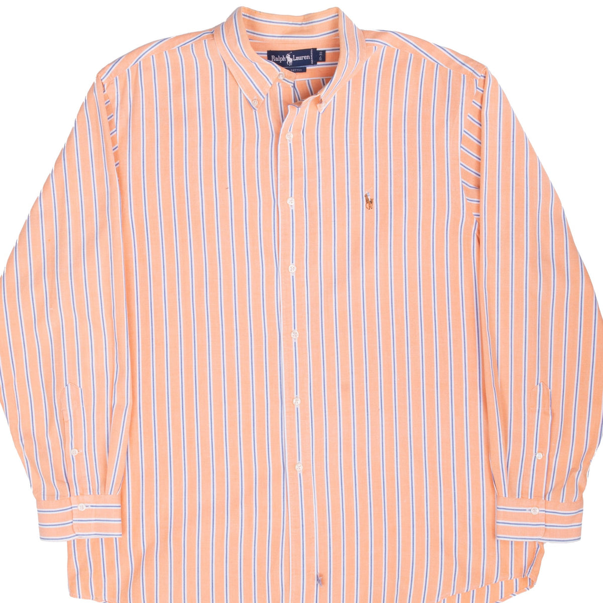 Front of Polo Ralph Lauren long-sleeve shirt with peach, blue and white vertical stripes