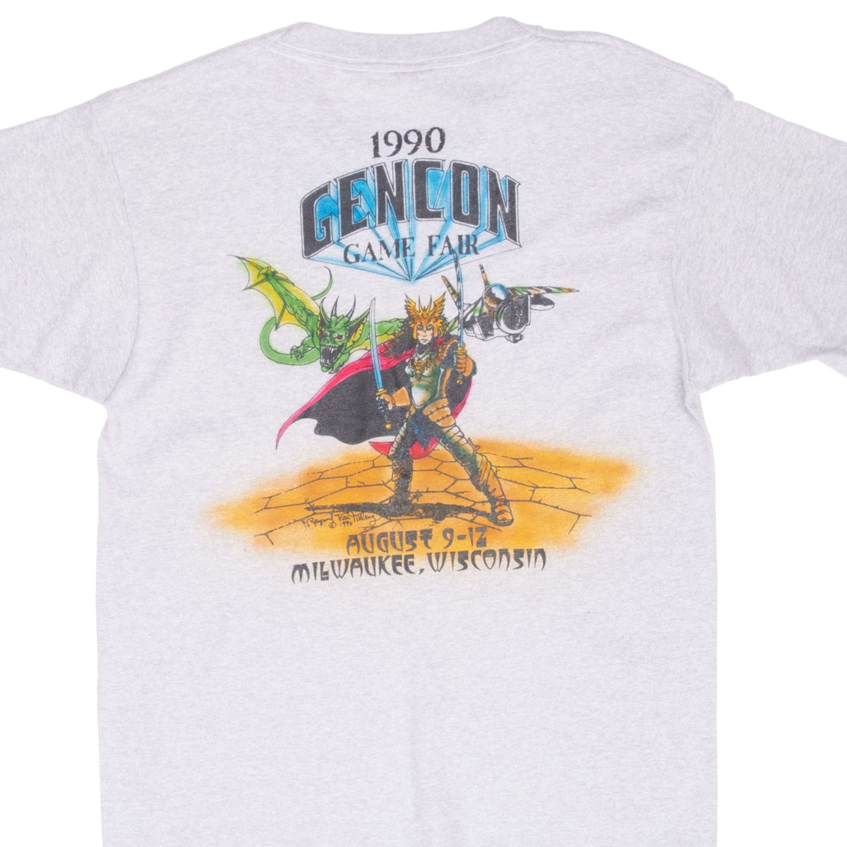 Back of gray Gen Con 1990 T-shirt with fantasy warrior, dragon and aircraft graphic