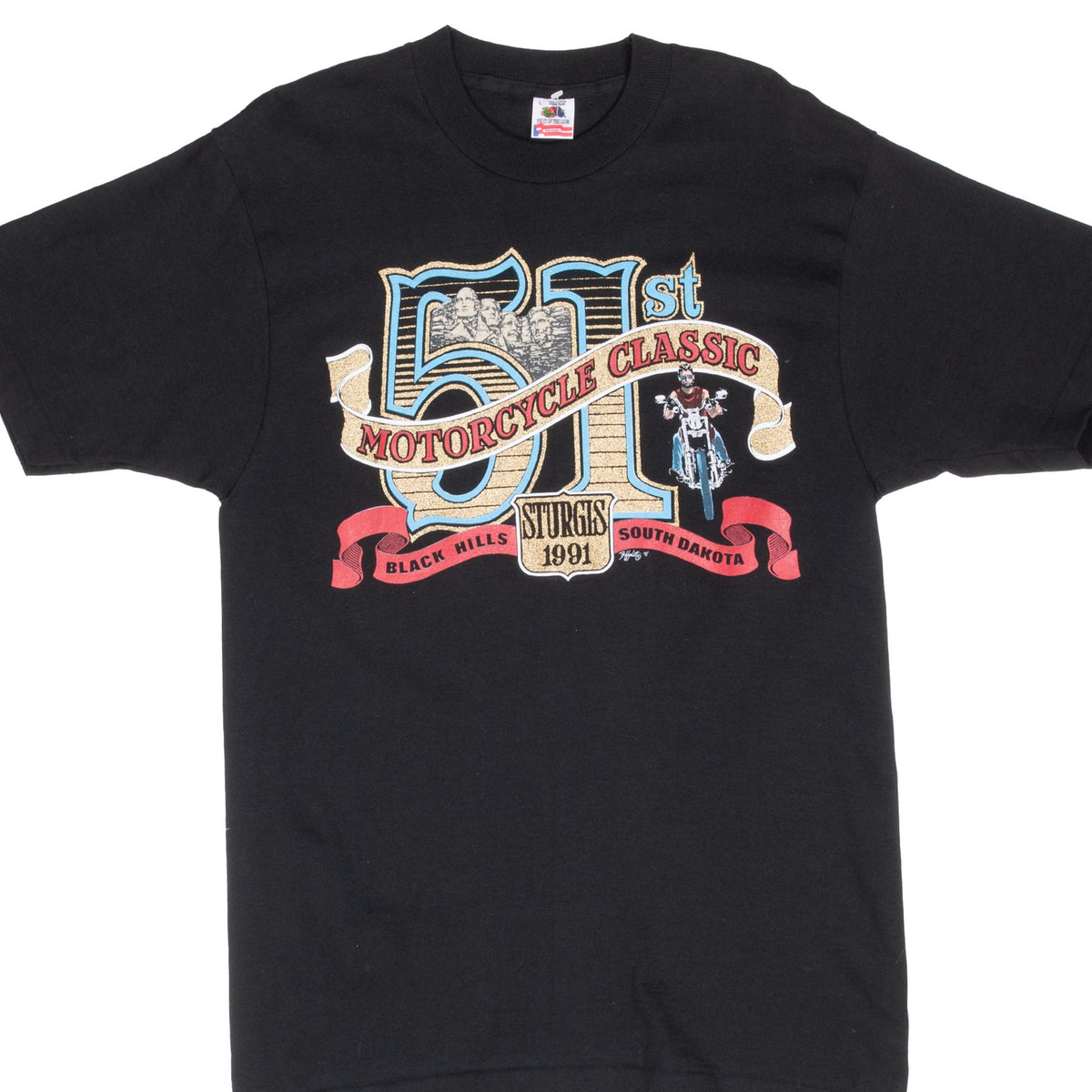 Front of black 51st Sturgis 1991 Motorcycle Classic T-shirt with multicolor rally graphic