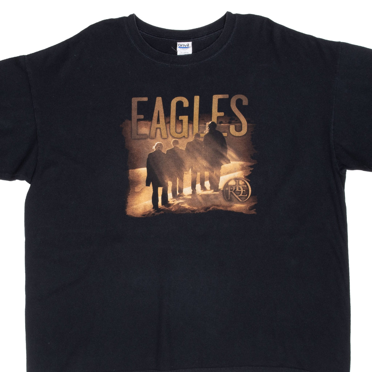 Front of black Eagles T-shirt with sepia band image, oversized lettering and LROE emblem