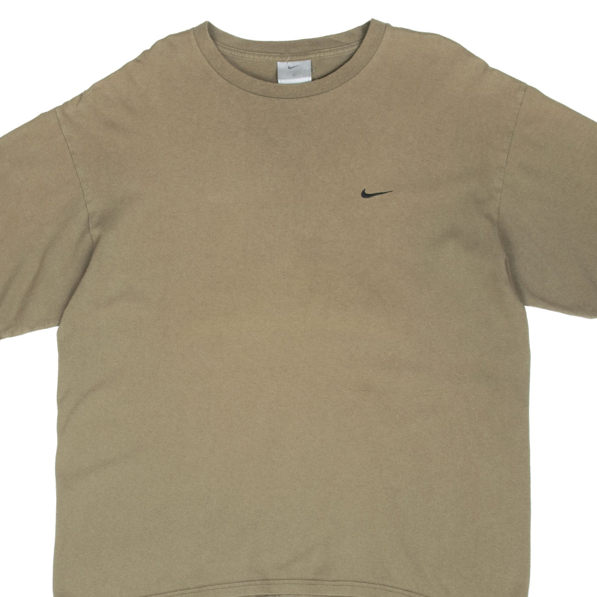 Front close-up of khaki green Nike T-shirt with black embroidered Swoosh
