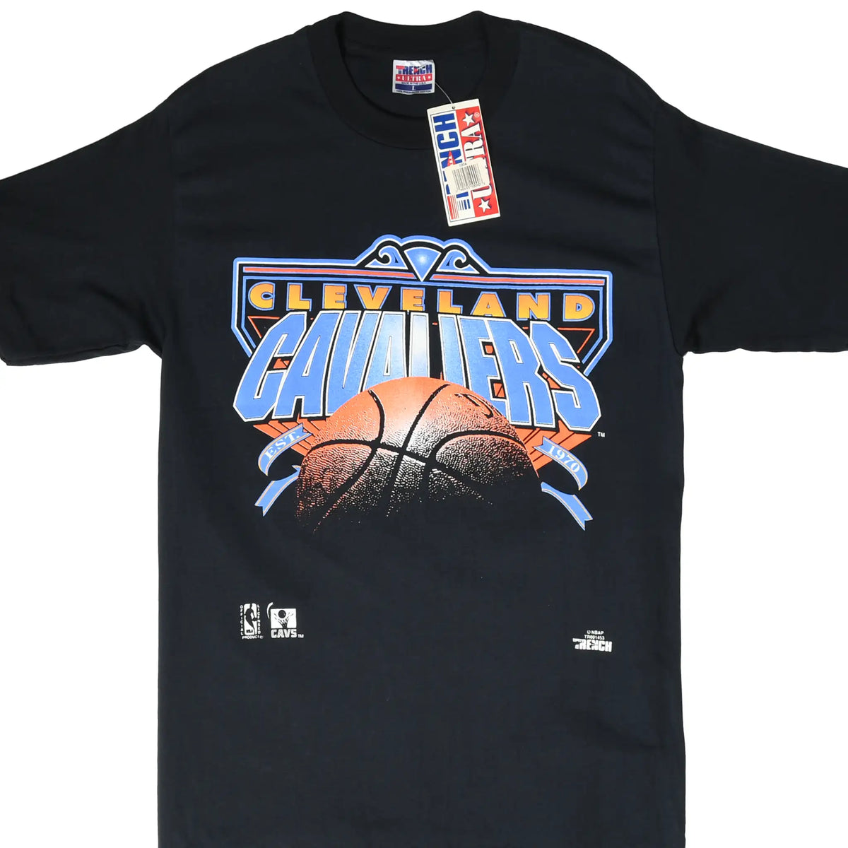 Front of black Cleveland Cavaliers T-shirt with blue, orange and white basketball graphic and hang tag