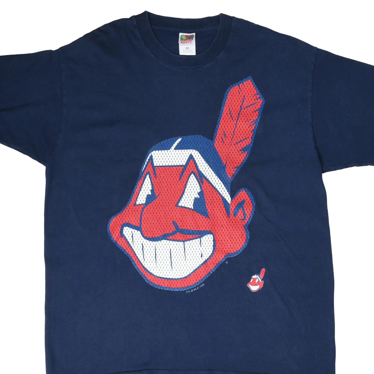Front close-up of navy Cleveland Indians T-shirt with large Chief Wahoo graphic