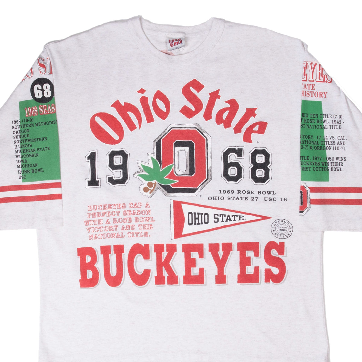 Front of gray Ohio State Buckeyes long-sleeve T-shirt with 1968 championship graphics