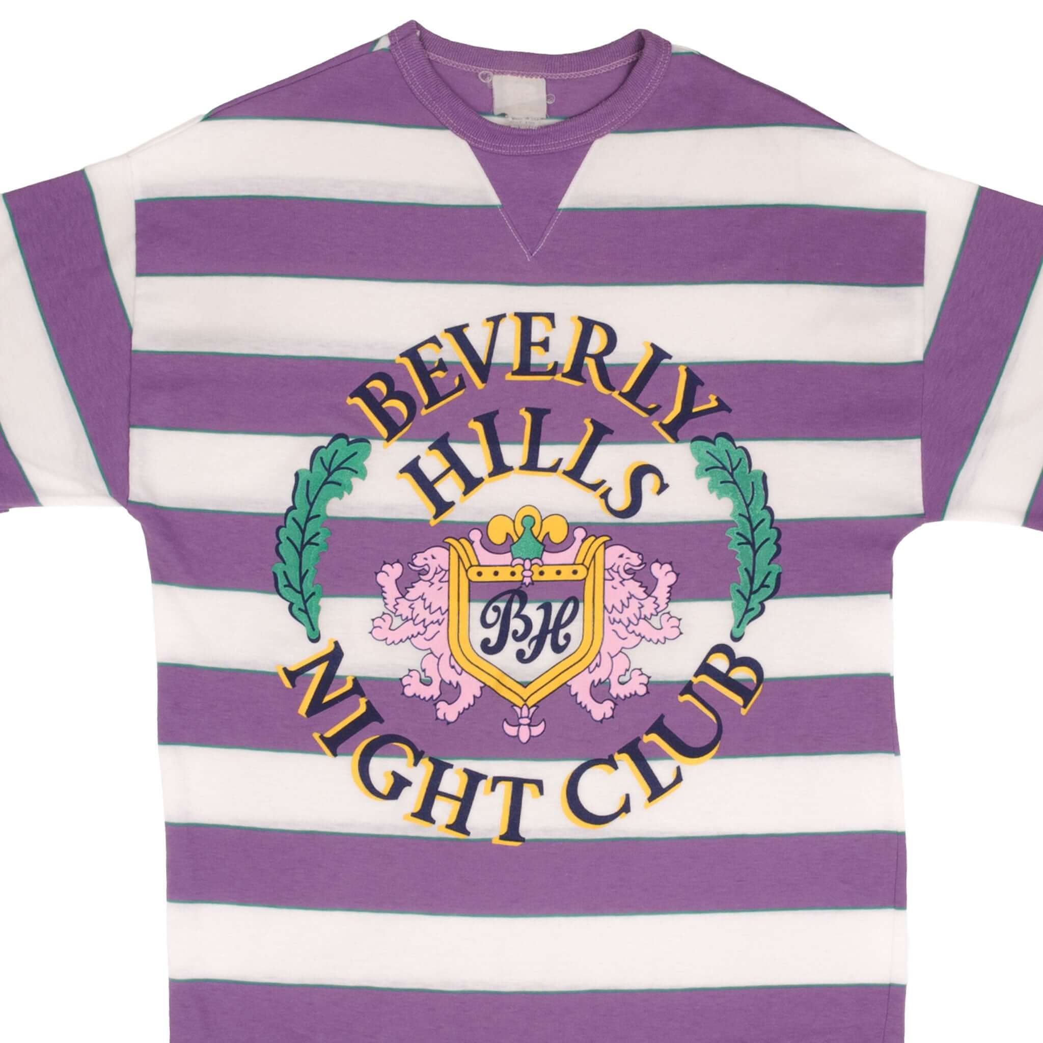 Front detail of purple and white striped Beverly Hills Night Club graphic T-shirt
