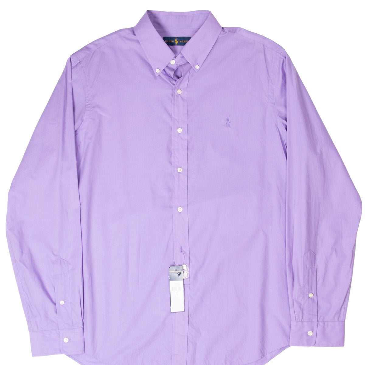 Front of purple Polo Ralph Lauren long-sleeve button-down shirt with hangtag