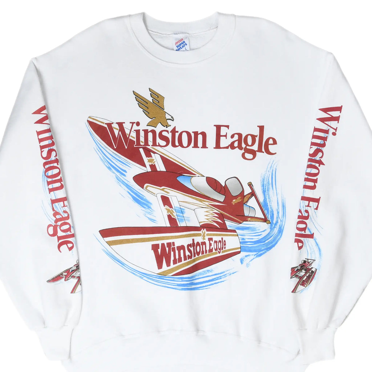 Front of white Winston Eagle racing sweatshirt with red hydroplane graphic and sleeve prints