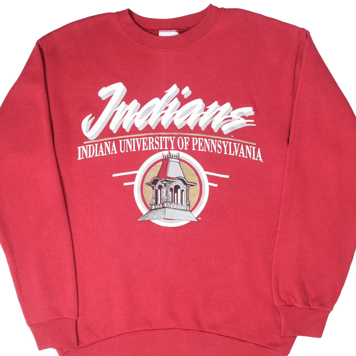 Front of red Indiana University of Pennsylvania sweatshirt with white Indiana graphic