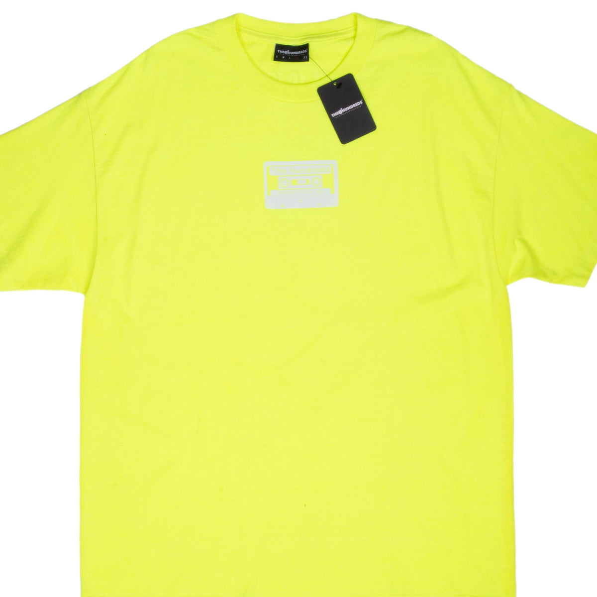 Front of neon yellow The Hundreds T-shirt with white cassette chest graphic and hangtag