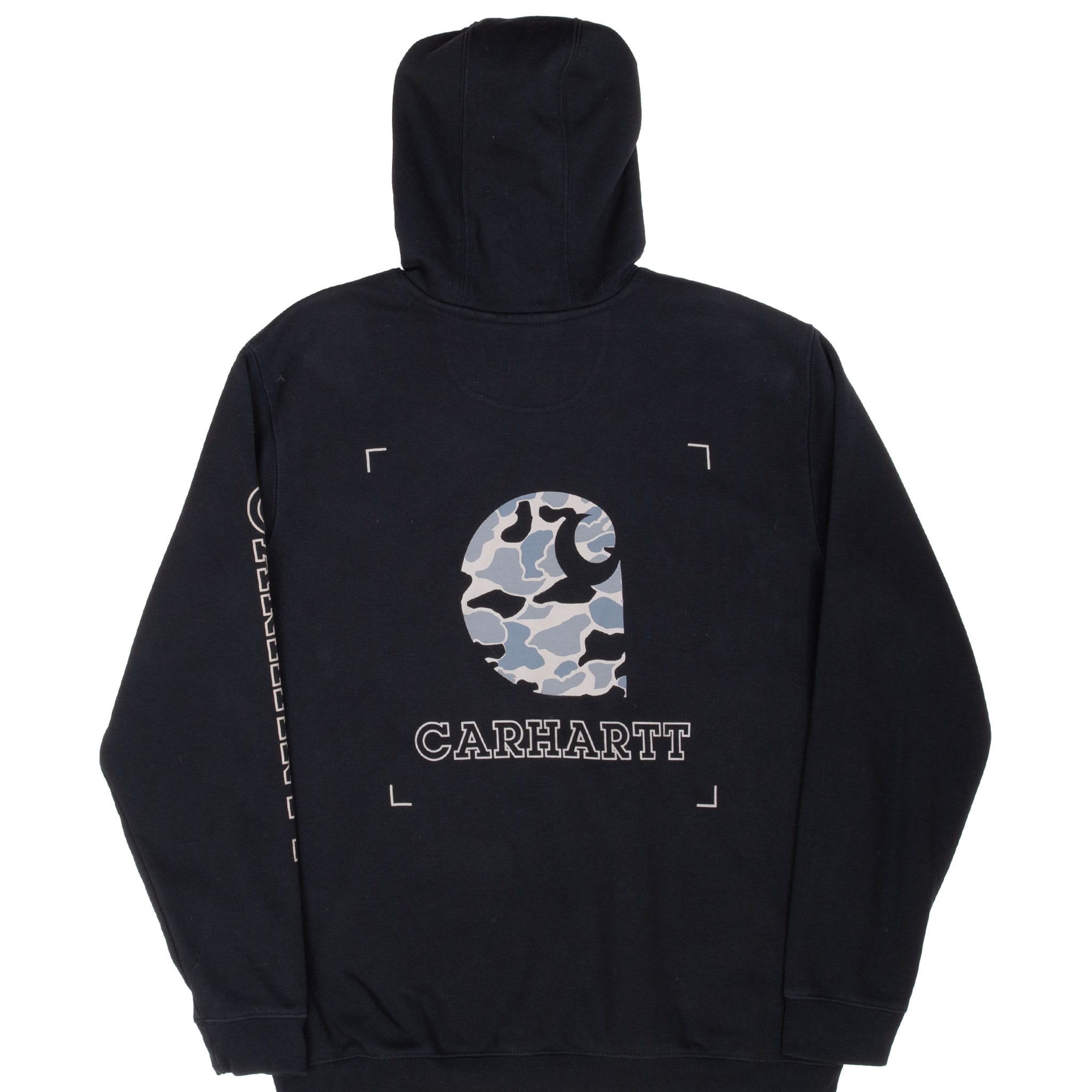 Back of black Carhartt hoodie with blue, gray and white camouflage logo graphic