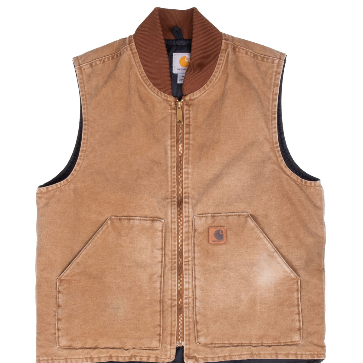 Front of brown Carhartt zip vest with rib-knit collar and two patch pockets