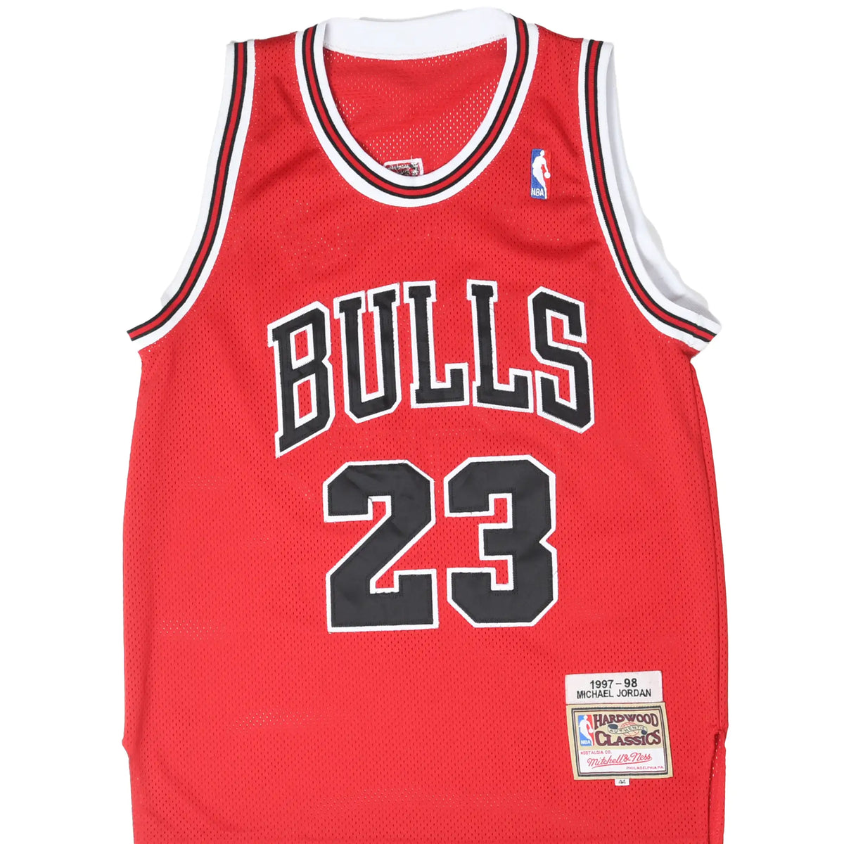 Front of red Chicago Bulls Michael Jordan 23 Mitchell & Ness basketball jersey