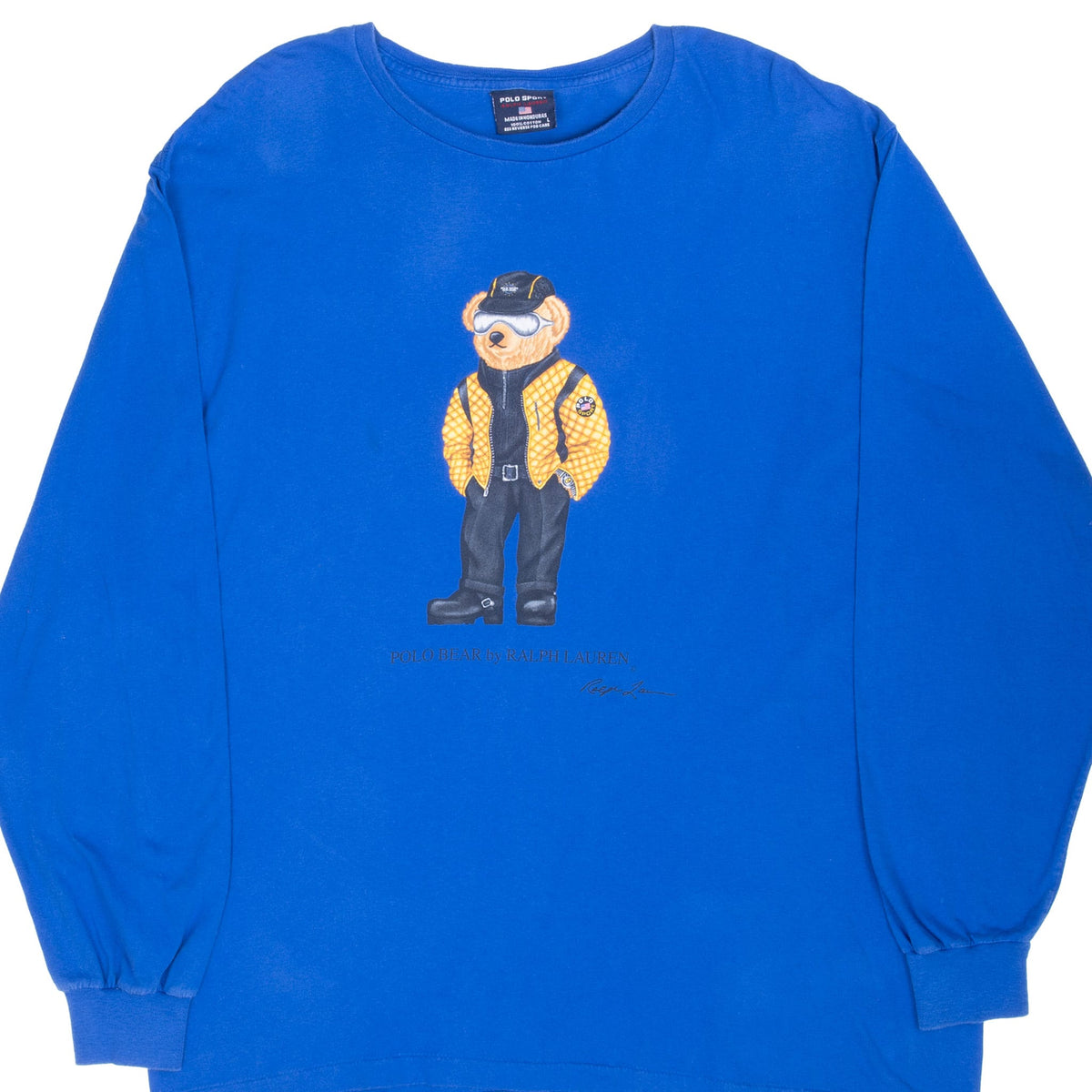 Front of blue Ralph Lauren Polo Sport long-sleeve T-shirt with Polo Bear graphic
