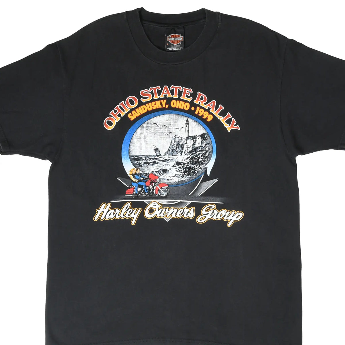 Front of black Harley-Davidson T-shirt with Ohio State Rally 1999 lighthouse and motorcycle graphic
