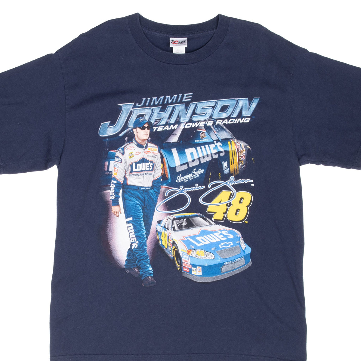 Front of navy Jimmie Johnson NASCAR T-shirt with Lowe's No. 48 racing graphic