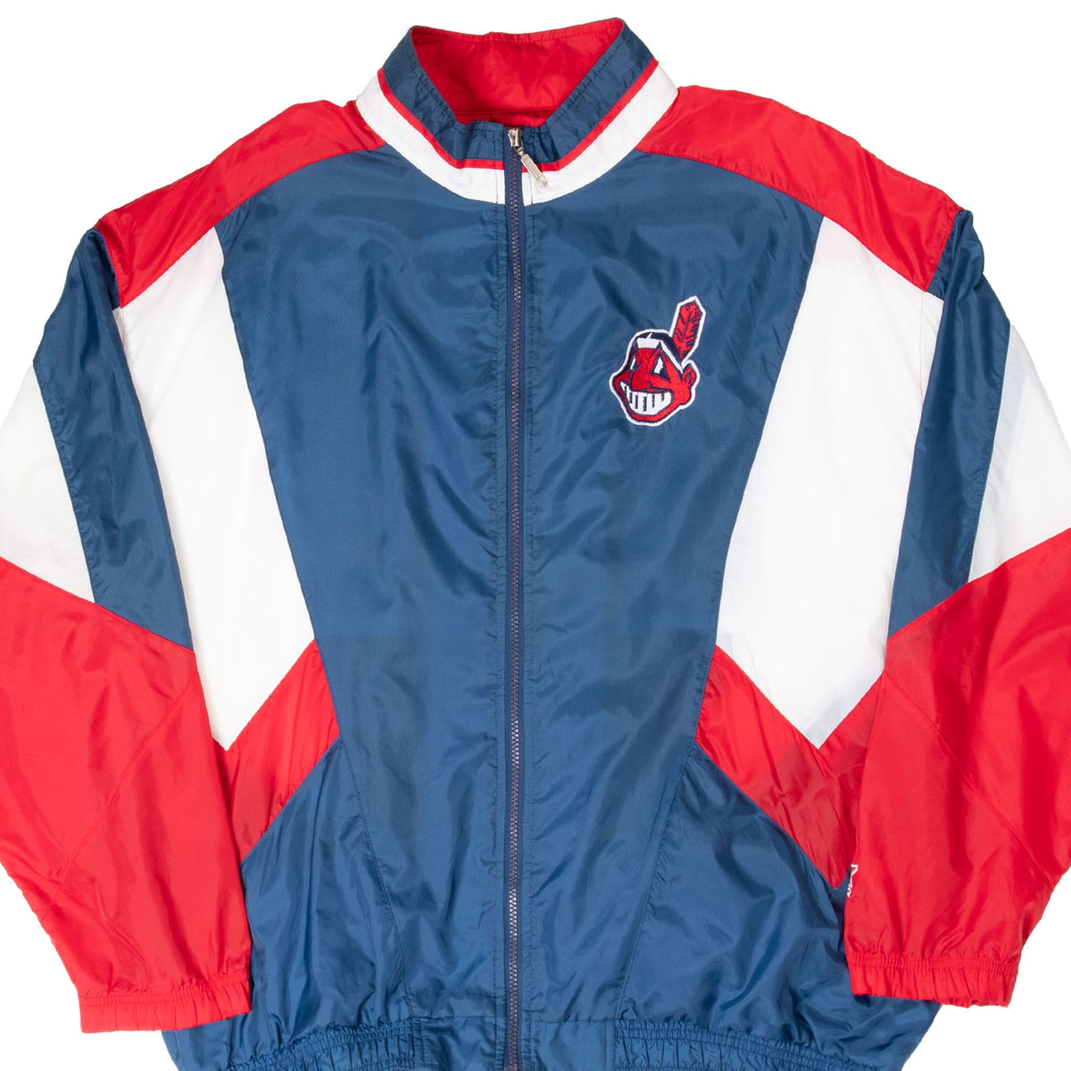 Front of Cleveland Indians Starter windbreaker with navy, red and white color blocking