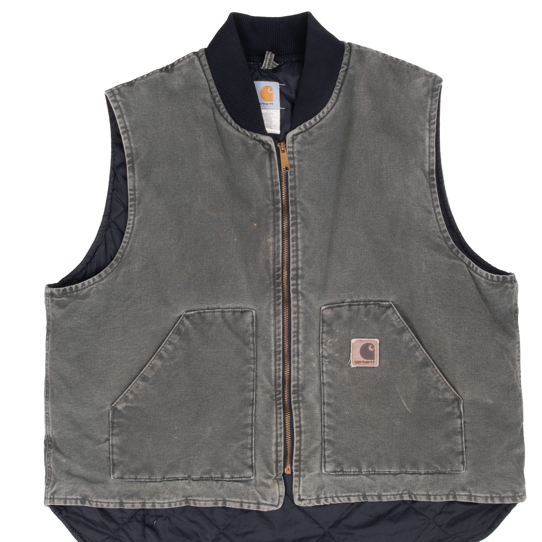Front of faded green Carhartt V02MOS vest with zipper, rib-knit collar and patch pockets