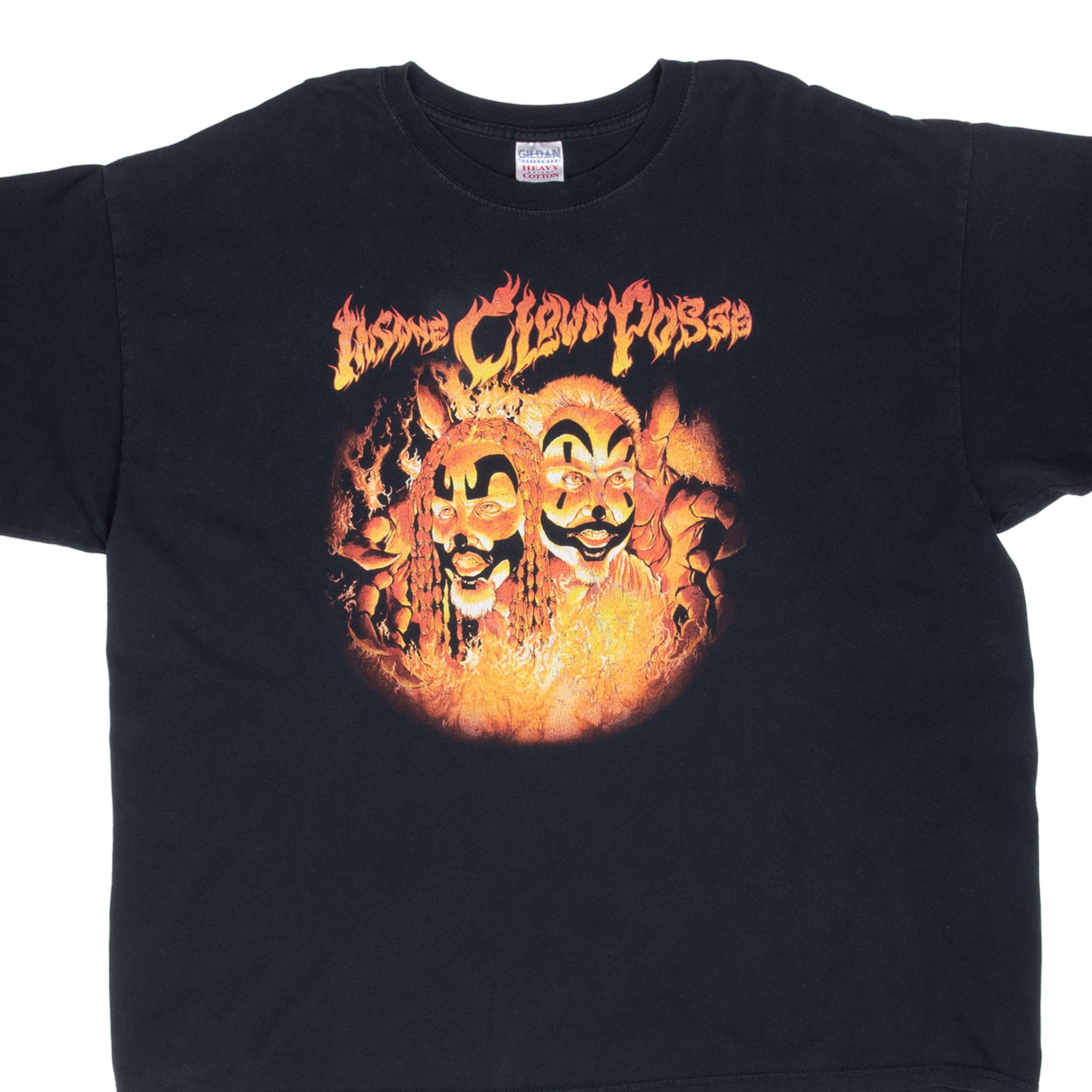 Front of black Insane Clown Posse T-shirt with orange and yellow face-paint duo graphic