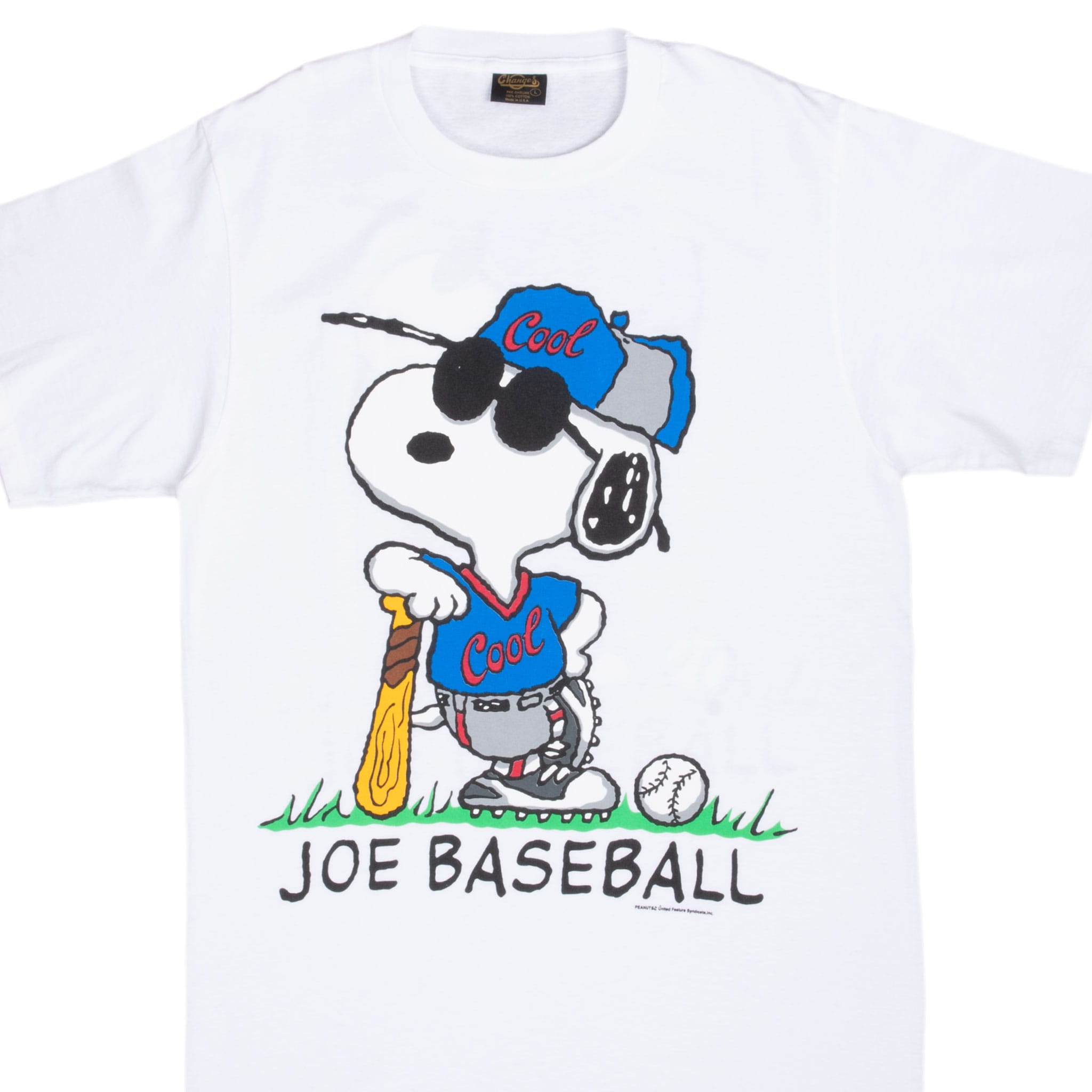 Front of white Peanuts T-shirt with Snoopy in baseball gear and Joe Baseball lettering