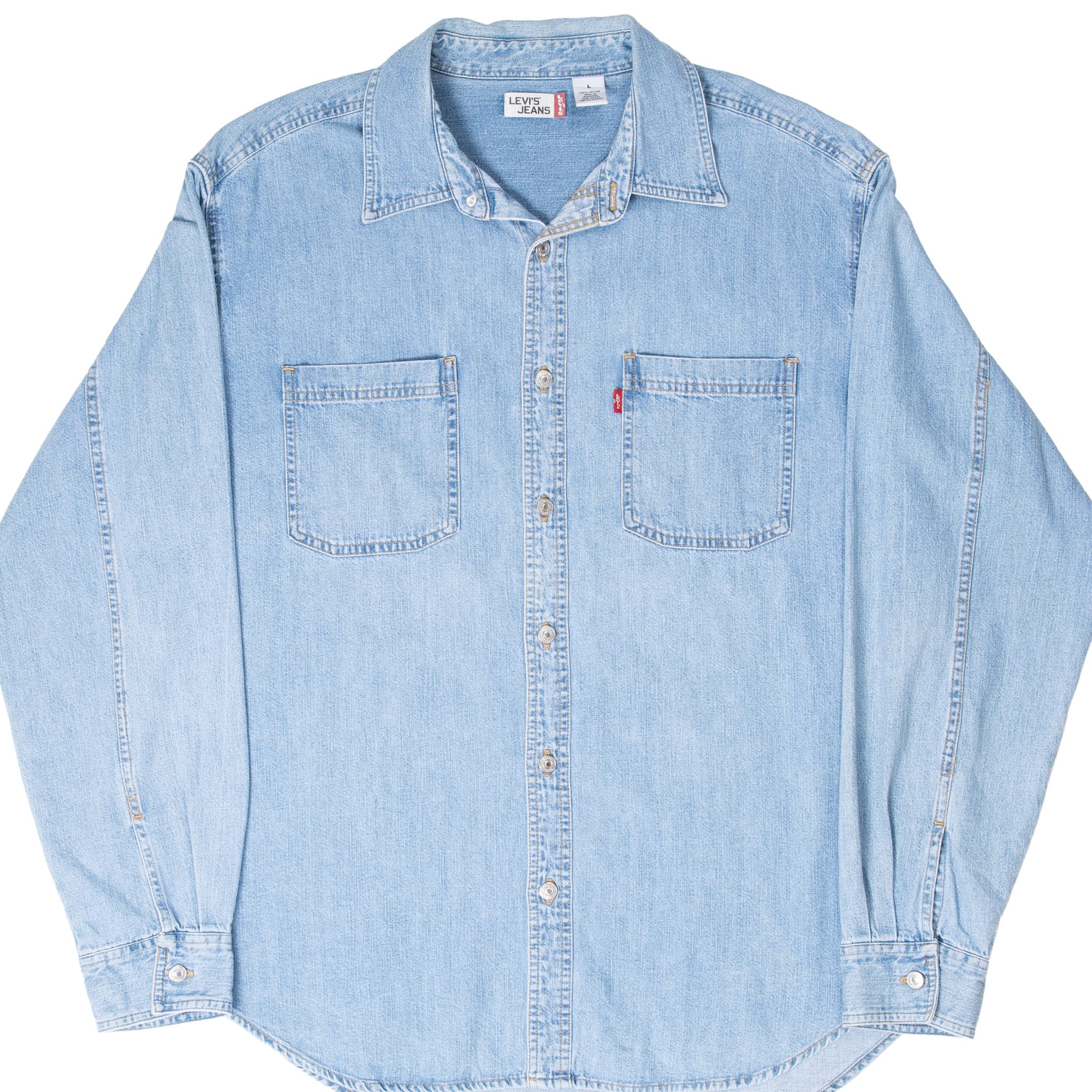Front of Levi's light blue denim shirt with two chest pockets and metal buttons