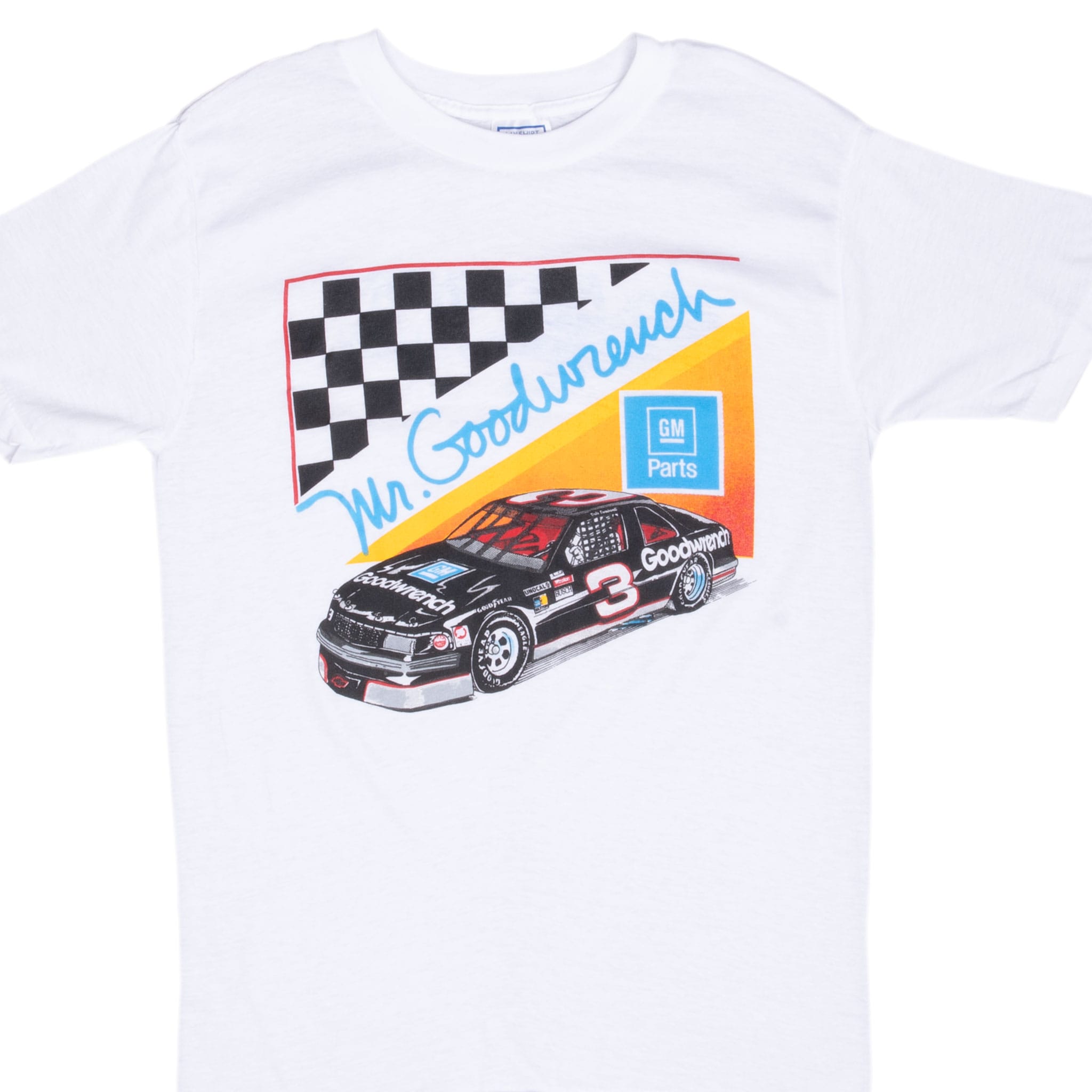 Front of white Dale Earnhardt T-shirt with black #3 Goodwrench race car and checkered flag graphic