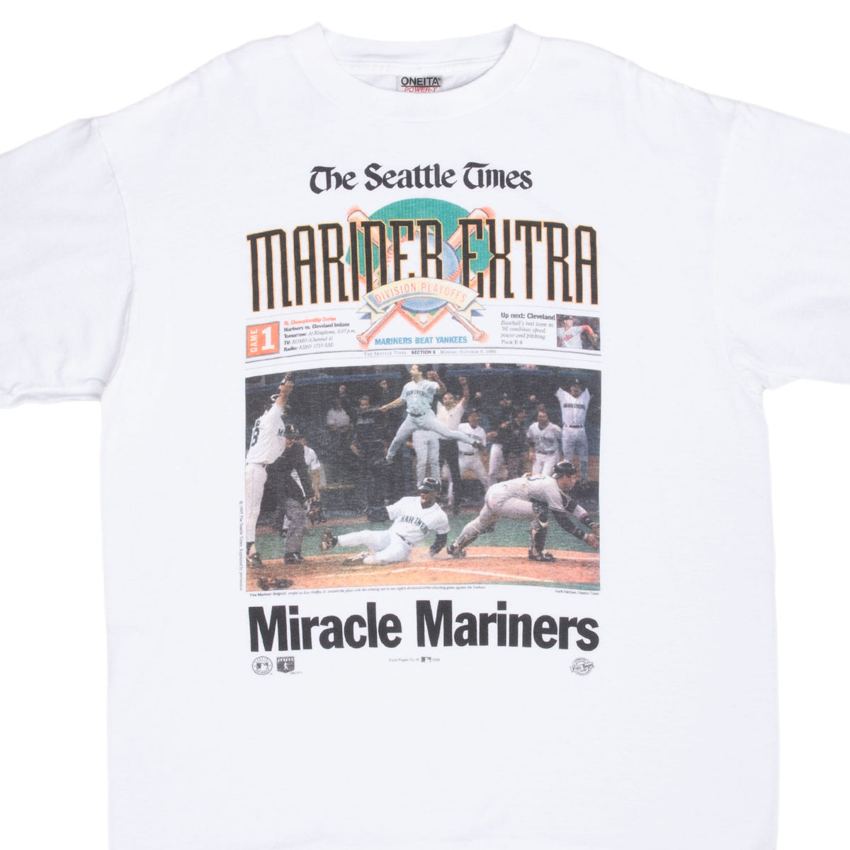 Front detail of white Seattle Mariners T-shirt with Seattle Times Miracle Mariners graphic