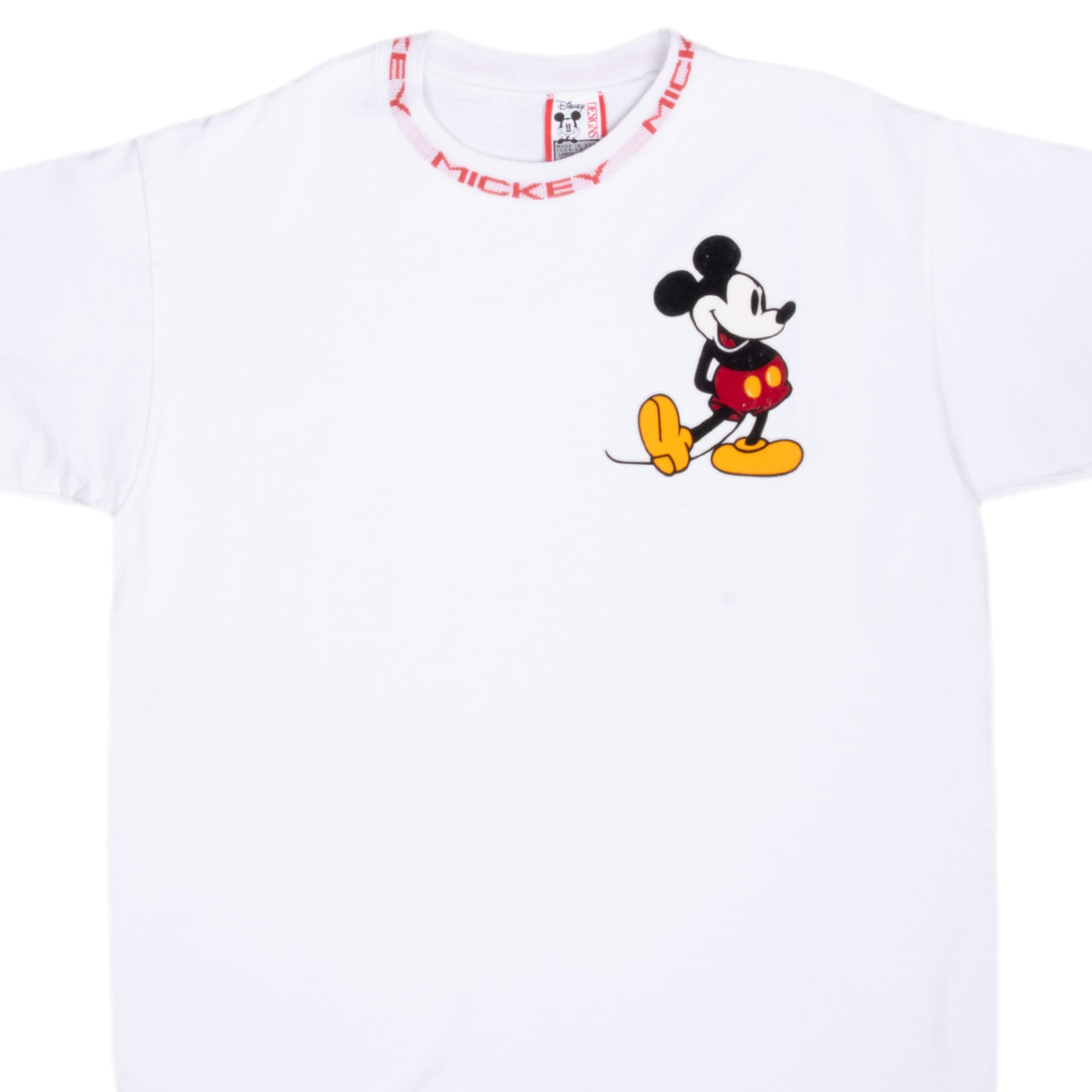 Front detail of white Disney T-shirt with Mickey Mouse chest graphic and red Mickey neckline