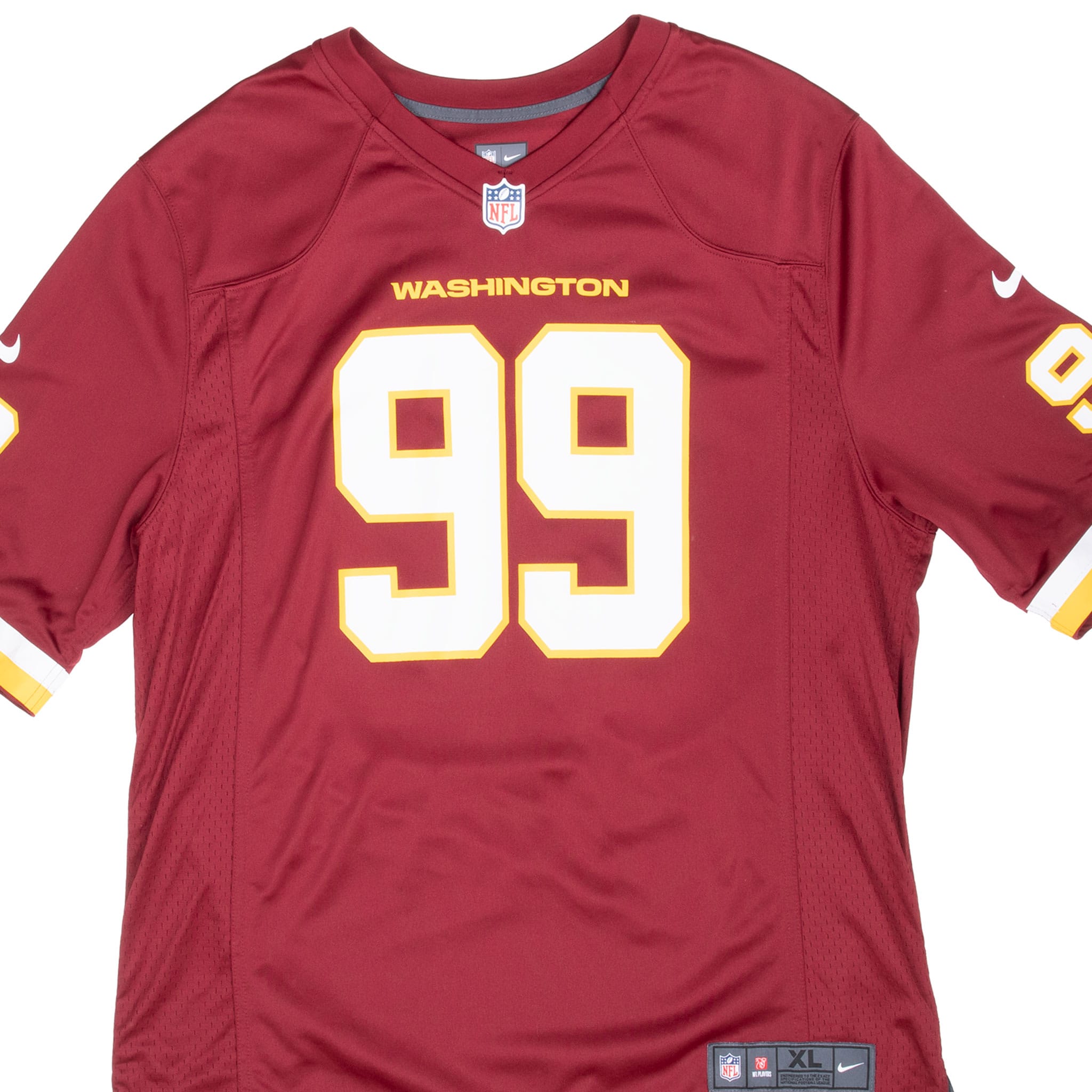 Front detail of burgundy Washington Chase Young Nike jersey with white and gold number 99