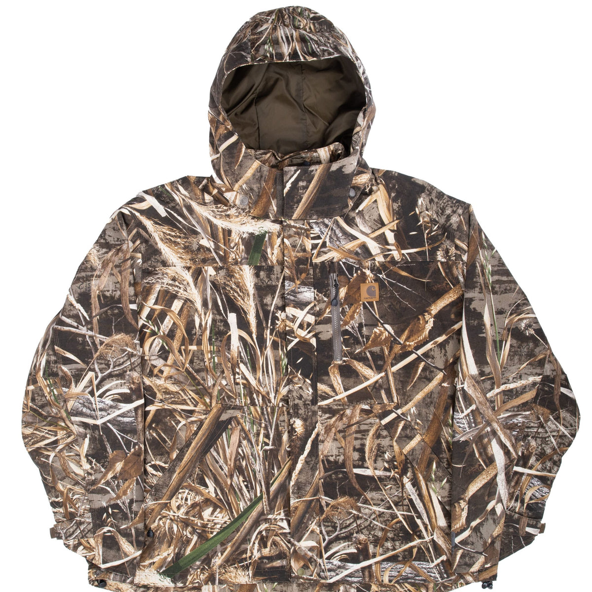 Front of Carhartt Storm Defender hooded parka in Realtree Max camouflage