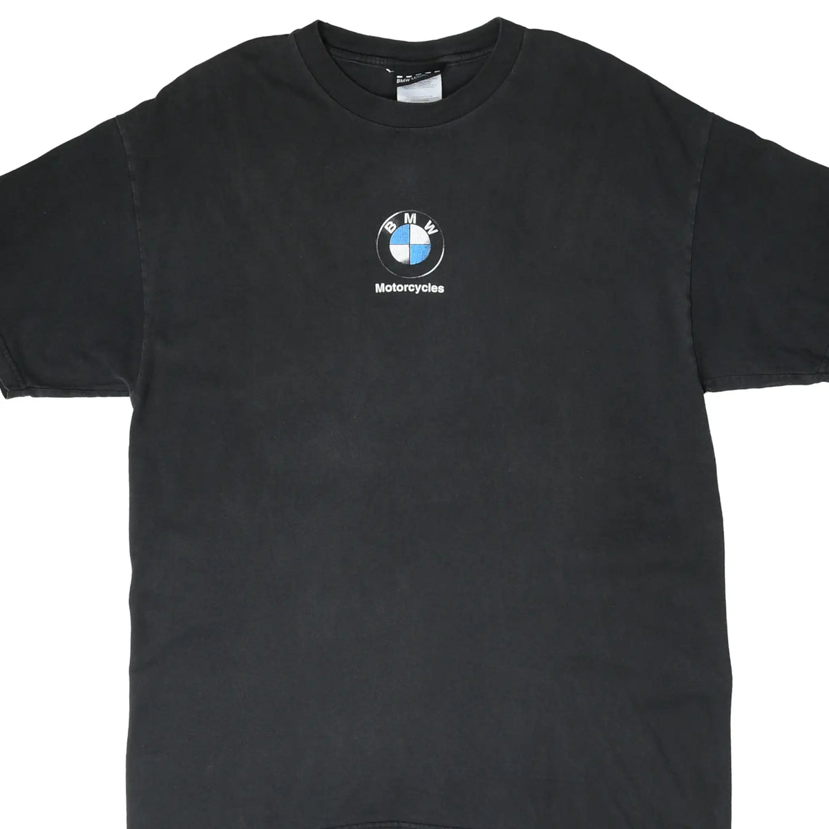 Front of black BMW Motorcycles T-shirt with small blue and white chest logo
