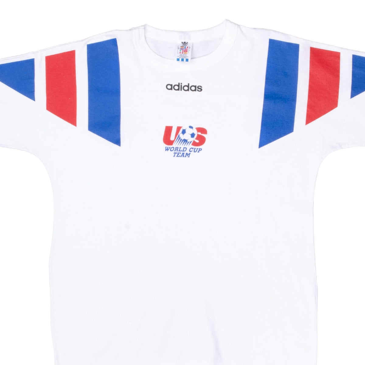 Front detail of white adidas US World Cup Team T-shirt with red and blue shoulder graphics