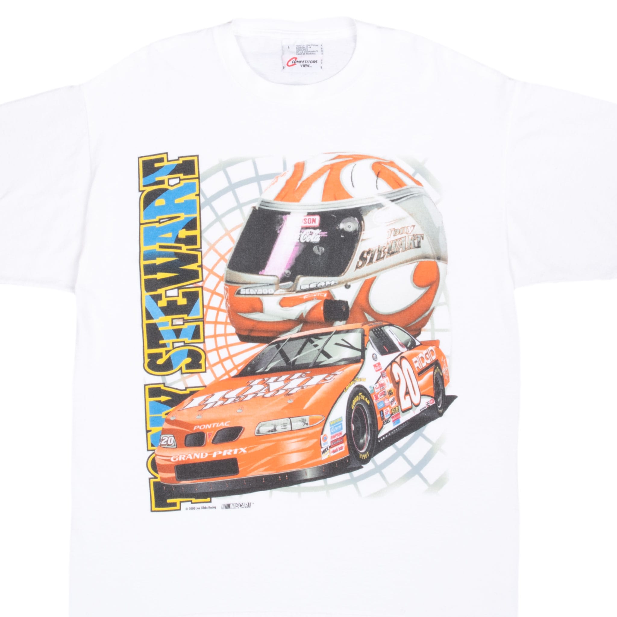 Front graphic of white Tony Stewart T-shirt with orange No. 20 car, racing helmet and vertical name