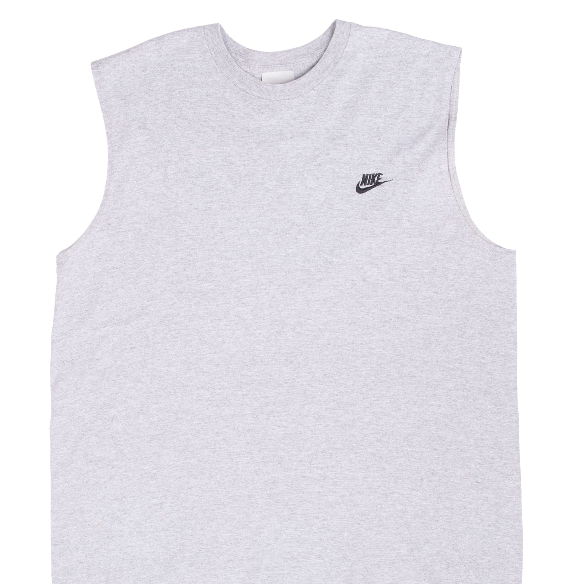 Front upper view of heather grey Nike tank top with black embroidered Swoosh logo