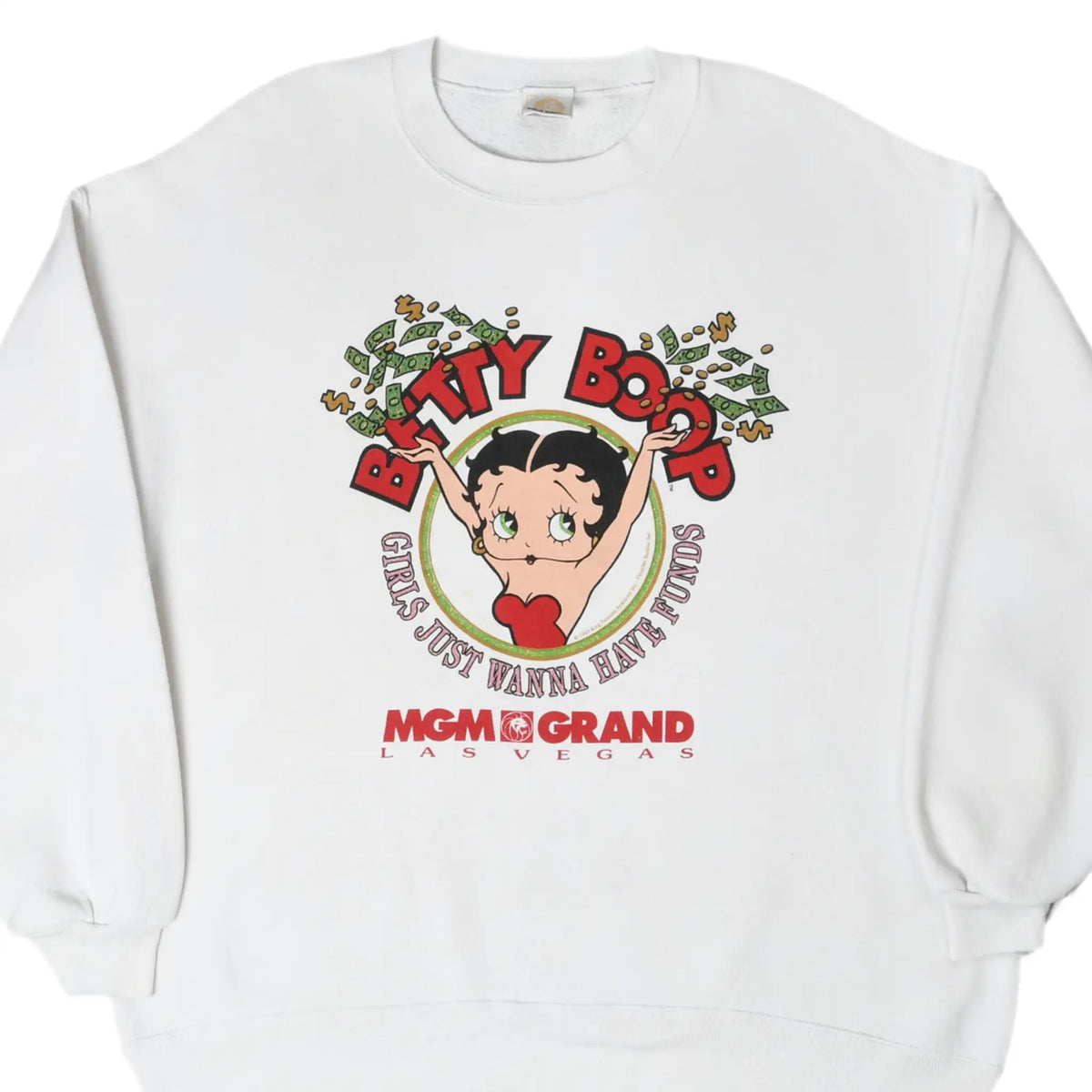 Front of white Betty Boop sweatshirt with Girls Just Wanna Have Funds and MGM Grand Las Vegas graphic