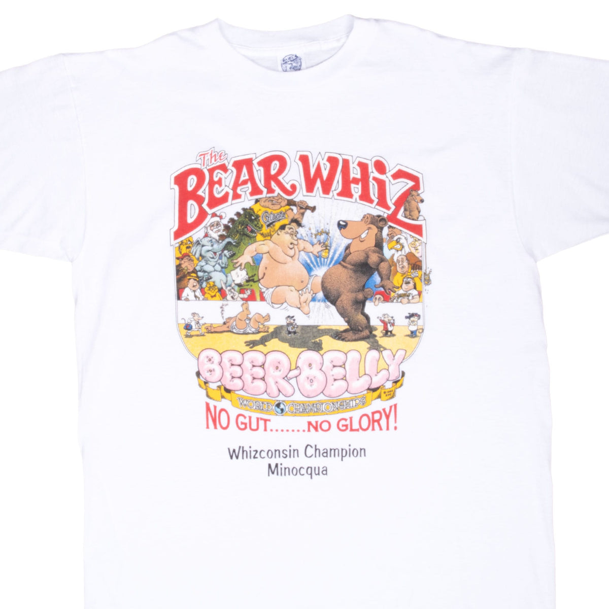 Front of white The Bear Whiz T-shirt with multicolor Beer Belly World Championships cartoon graphic