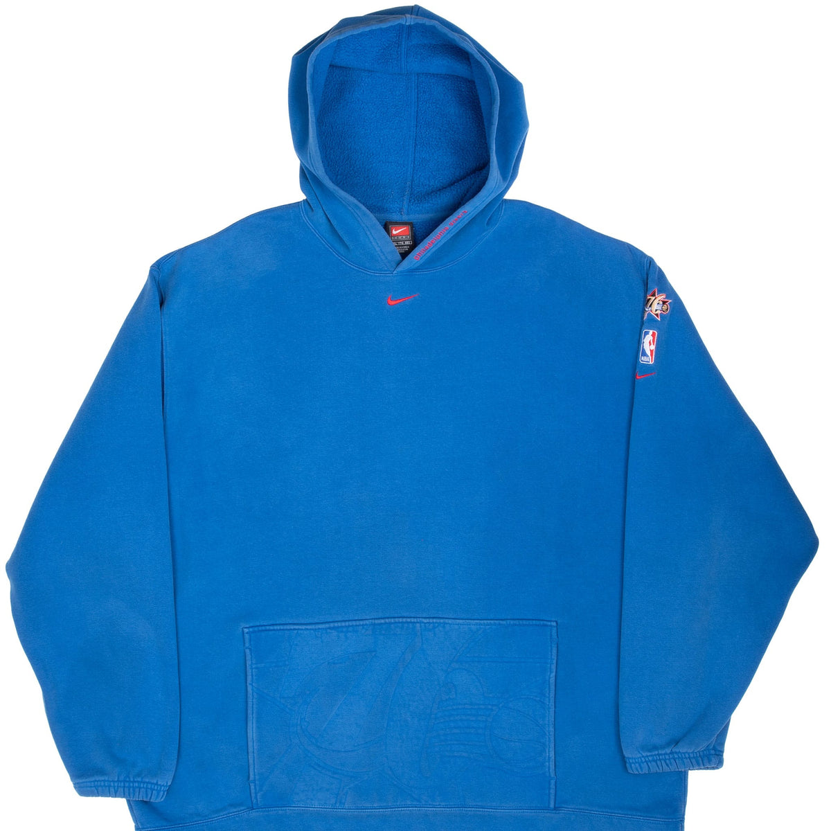 Front of blue Nike Philadelphia Sixers pullover hoodie with red Swoosh and sleeve logos