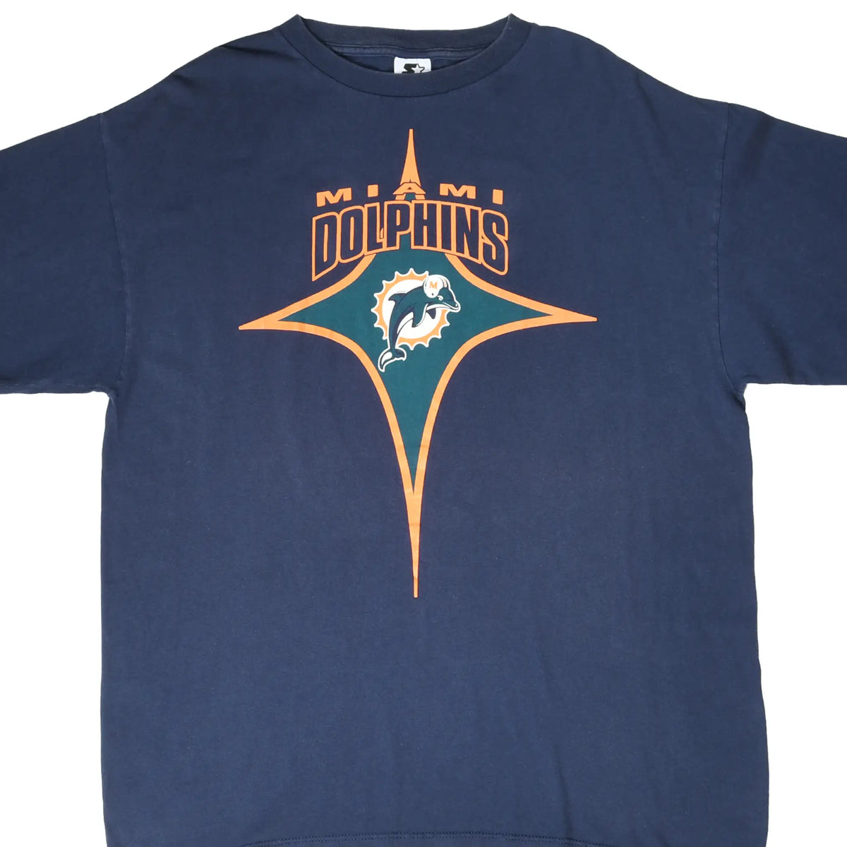 Front of navy Starter Miami Dolphins T-shirt with orange and teal logo graphic