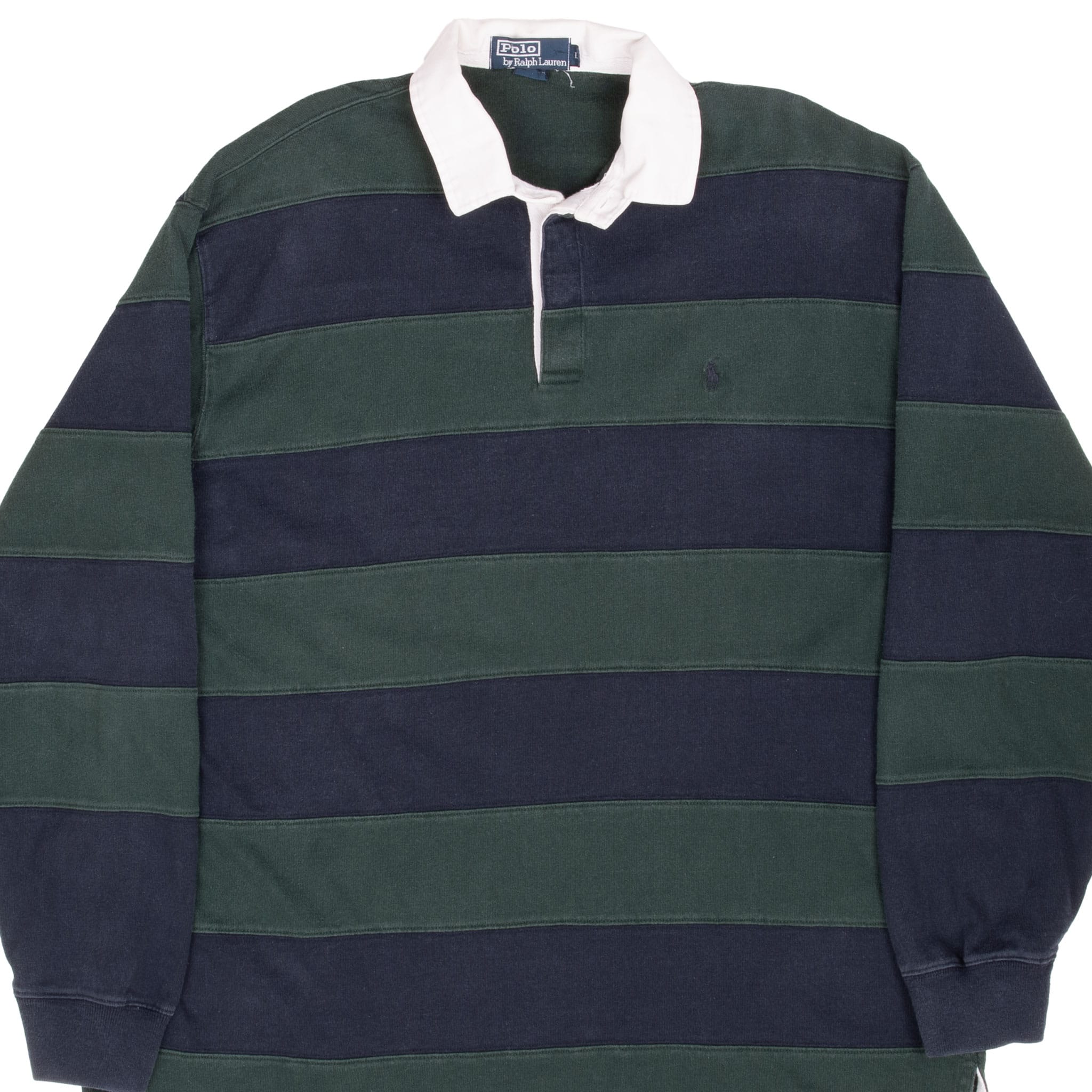 Front of Polo Ralph Lauren rugby shirt with wide navy and green stripes and white collar