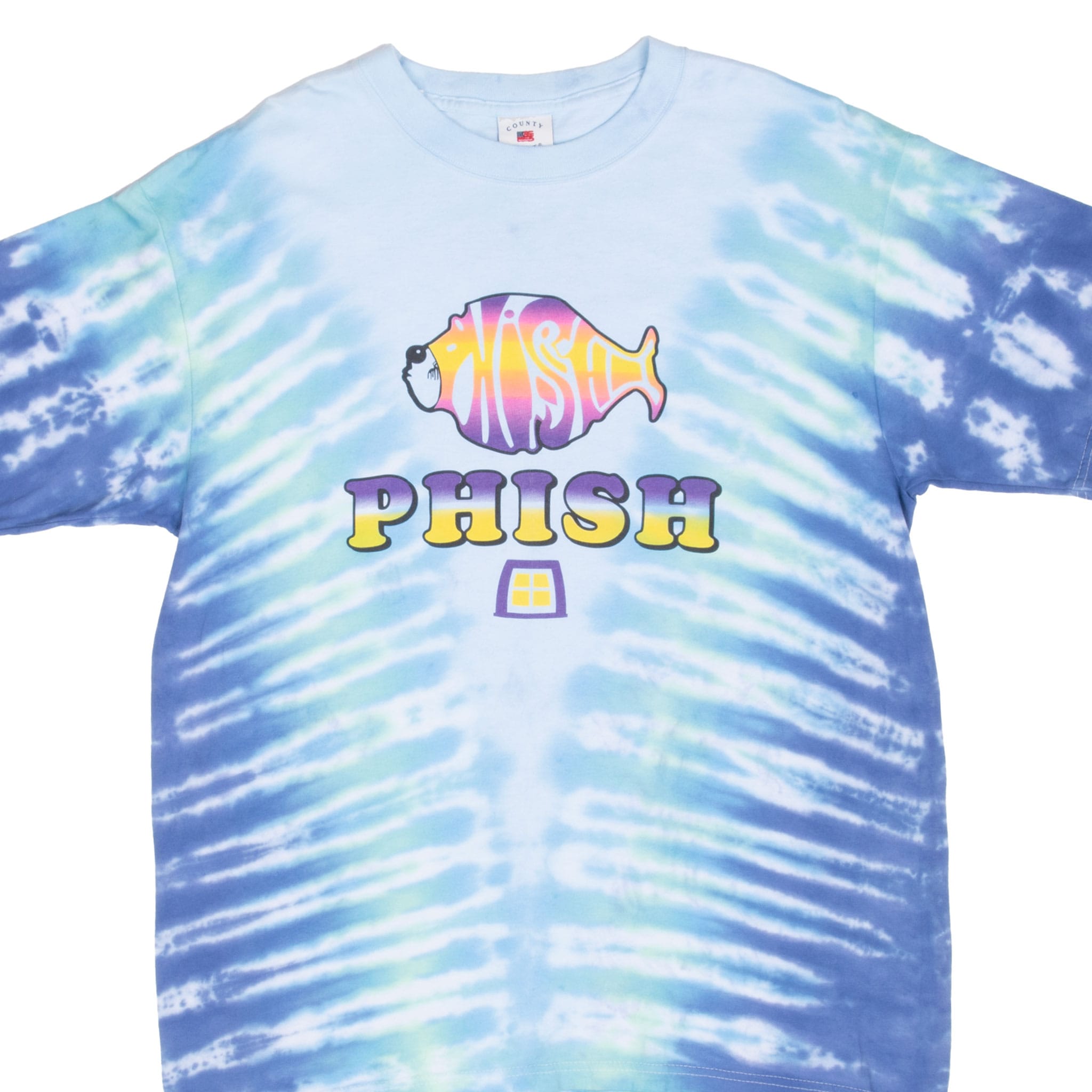 Close-up of Phish T-shirt front with colorful fish logo on blue and aqua tie-dye