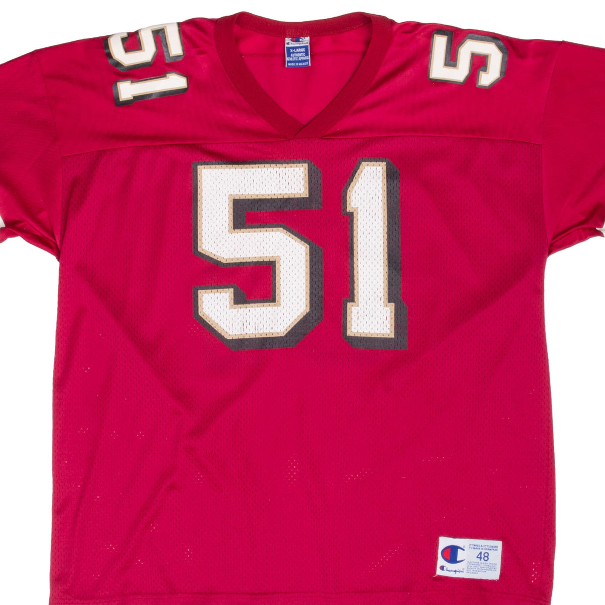 Front detail of red Champion San Francisco 49ers jersey with white number 51