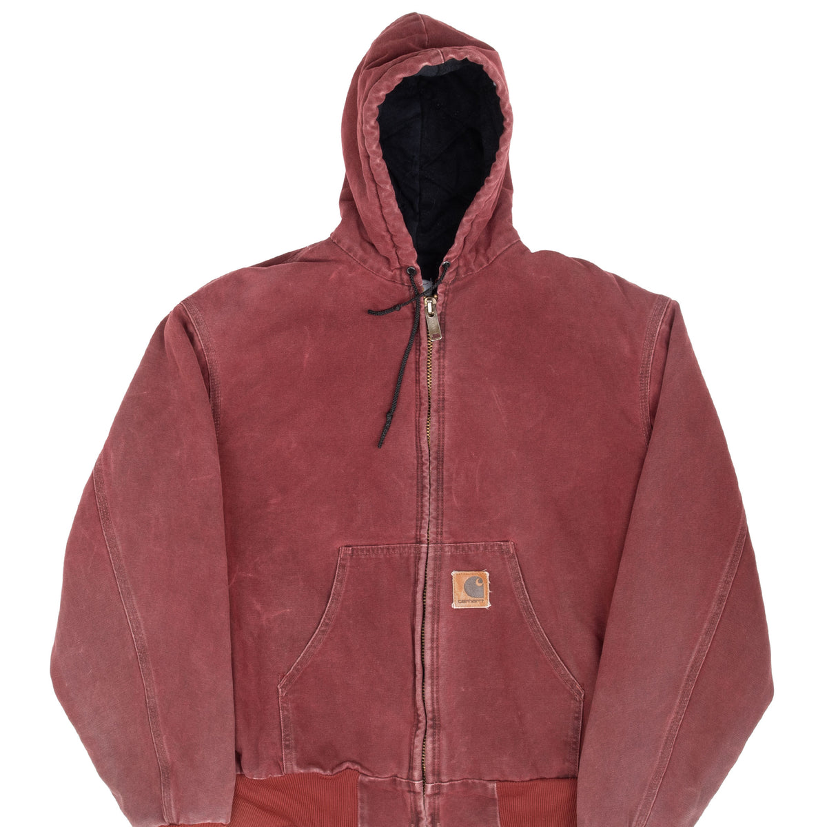 Front of crimson red Carhartt hooded active jacket with zipper and patch pockets