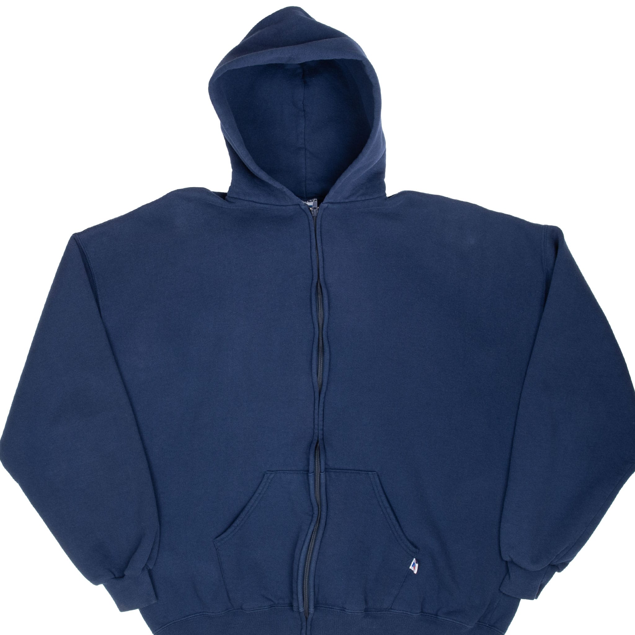 Front view of navy Russell Athletic zip hoodie with hood and split kangaroo pockets