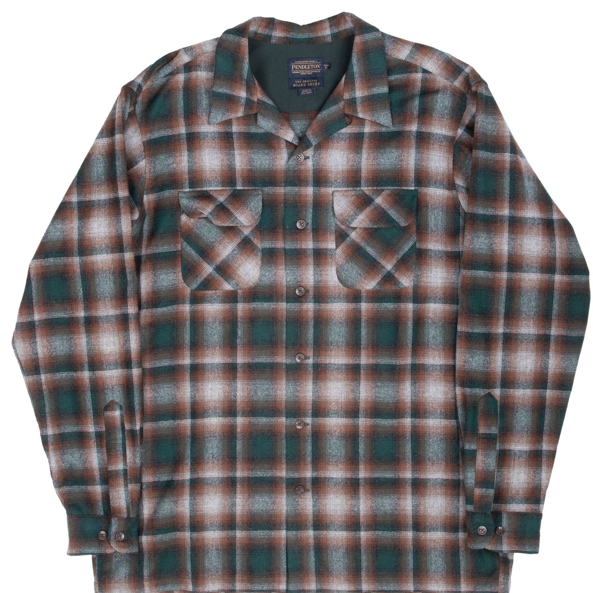 Front of Pendleton Board Shirt in brown and green plaid with two button-flap chest pockets