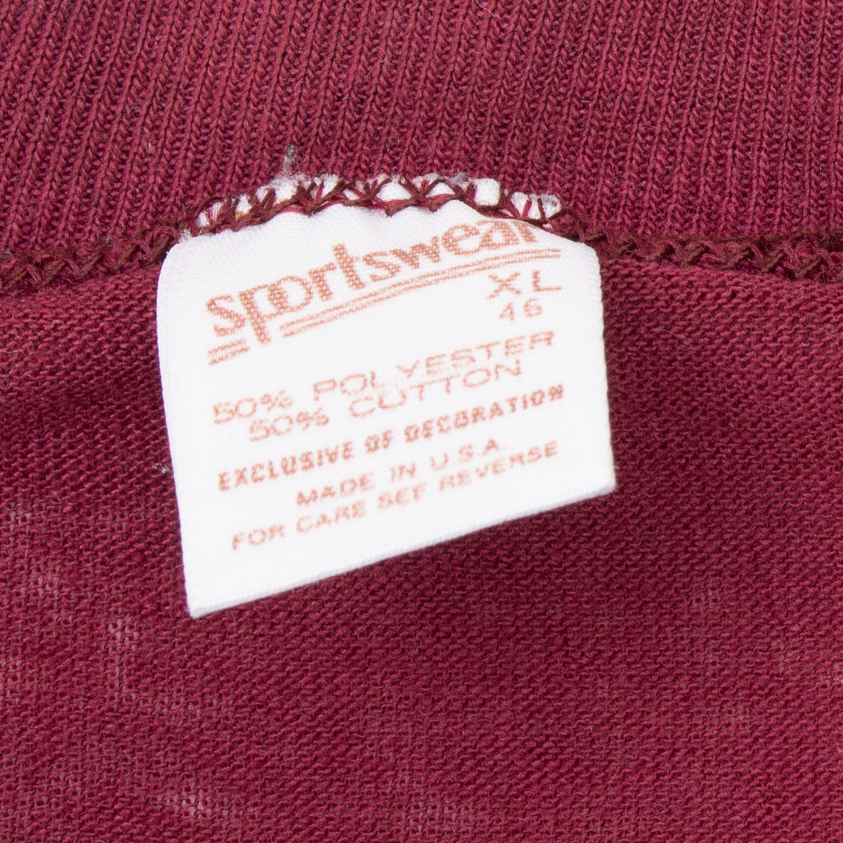 Close-up of Sportswear neck label on maroon Central Michigan T-shirt