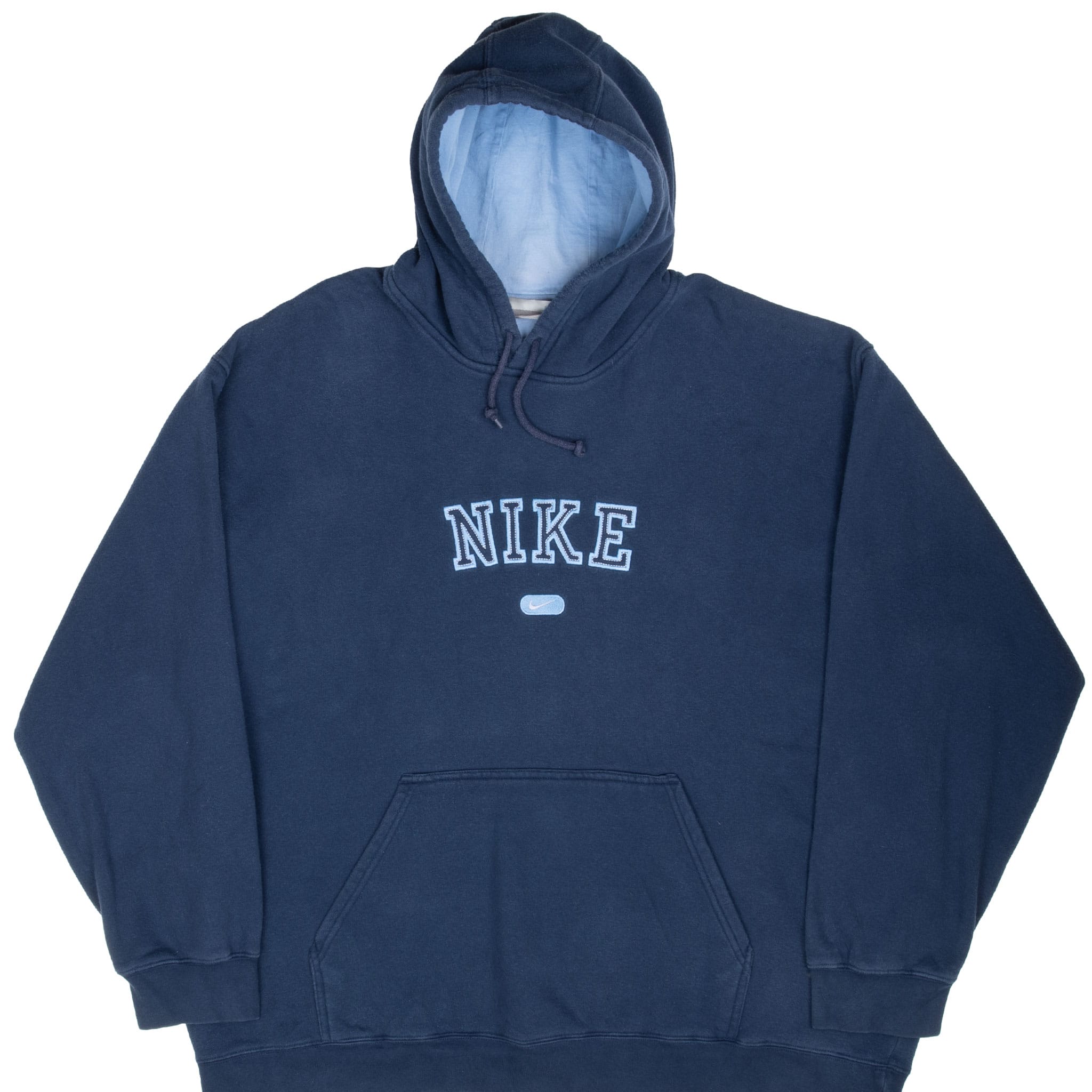 Front of navy Nike pullover hoodie with arched chest logo and kangaroo pocket
